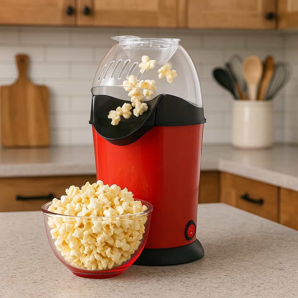Hot Air Popcorn Maker with 1200W Motor, One-Touch Operation, Butter Melter, Measuring Cup, Low-Fat Oil-Free Popping